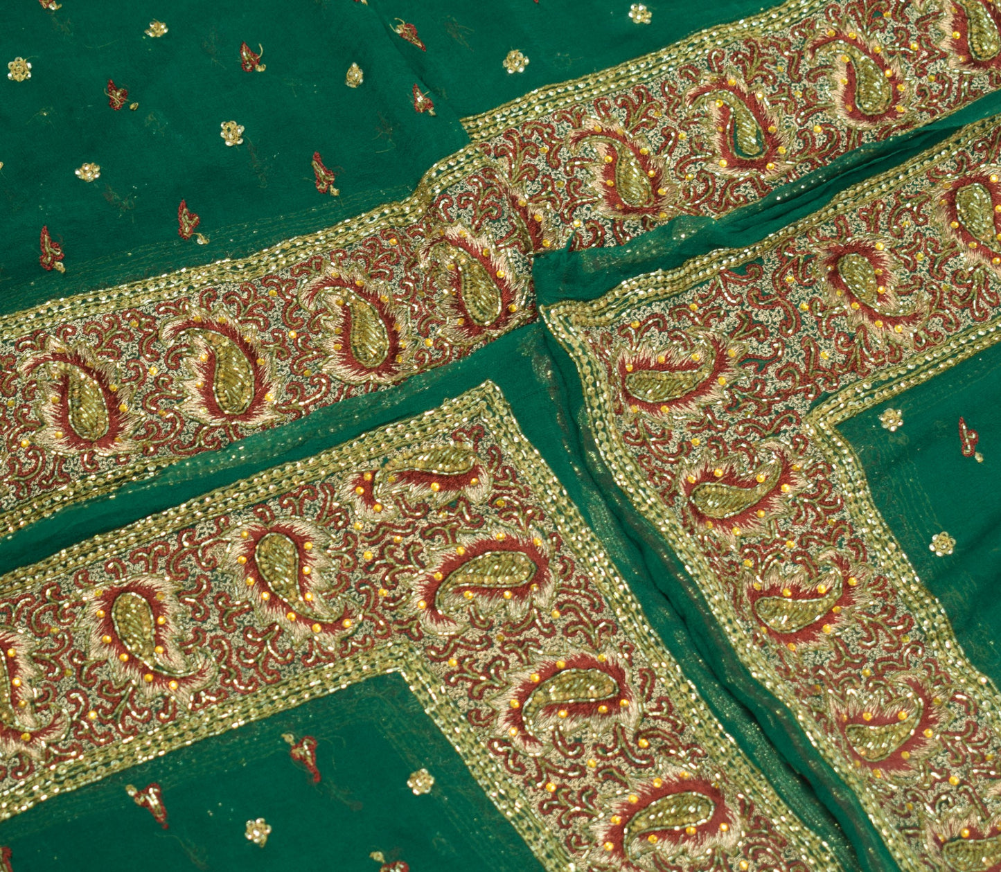 Sushila Vintage Green Dupatta Pure Georgette Glass Beads Embellish Long Stole