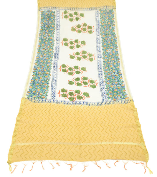 Sushila Vintage White Dupatta Pure Cotton Silk Hand Block Printed Long Stole