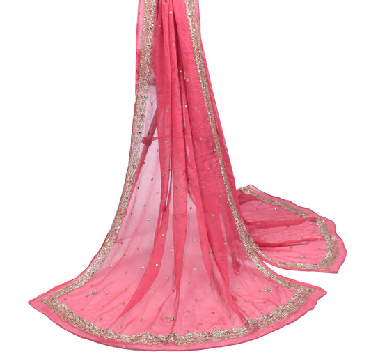 Sushila Vintage Pink Dupatta 100% Pure Chiffon Silk Hand Beaded Long Stole Wrap