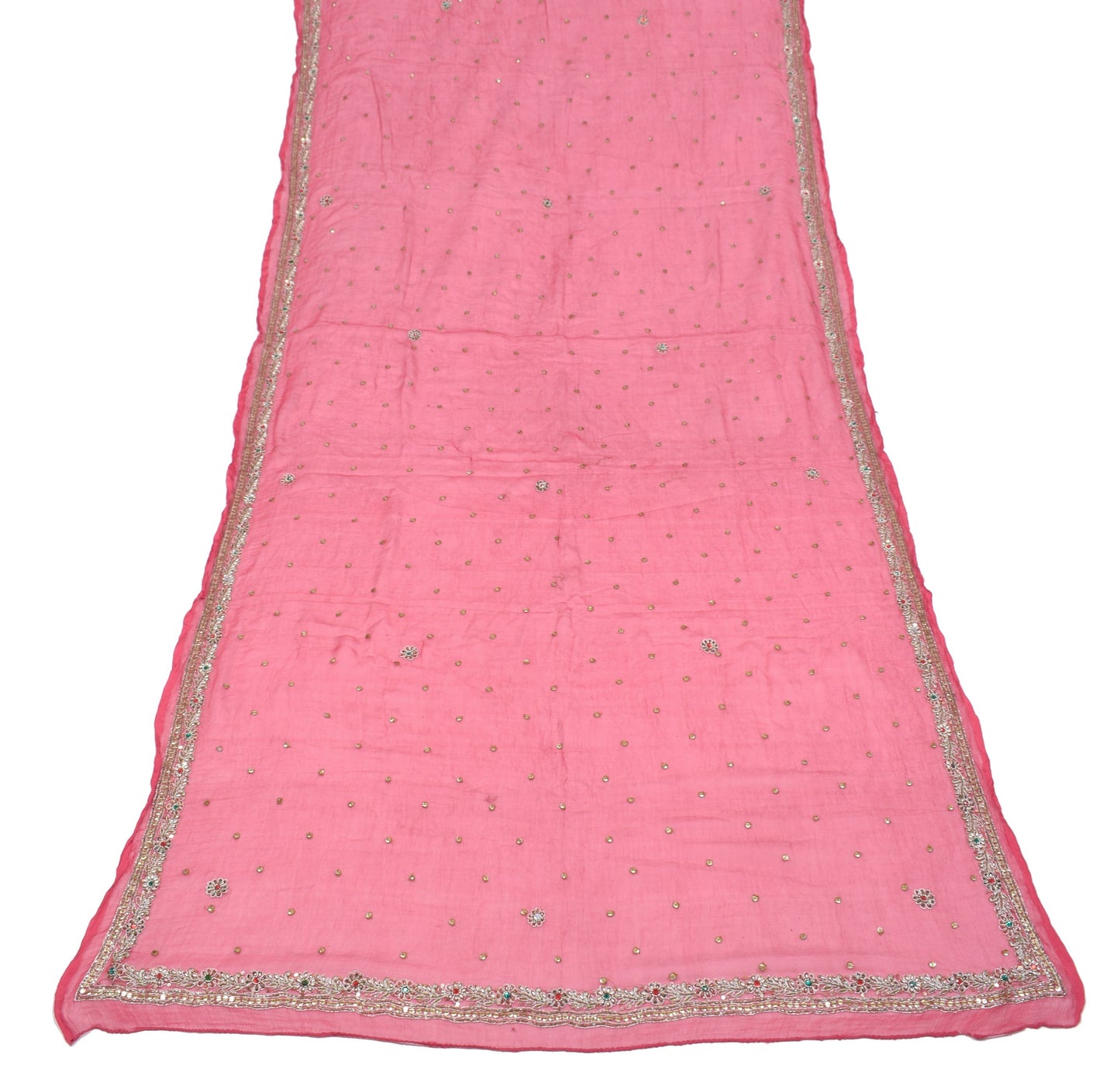 Sushila Vintage Pink Dupatta 100% Pure Chiffon Silk Hand Beaded Long Stole Wrap