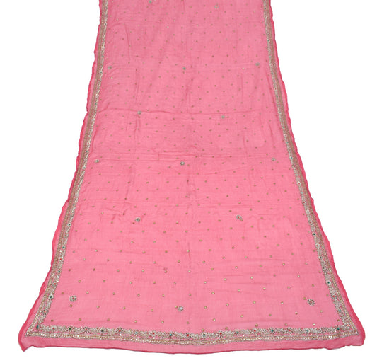 Sushila Vintage Pink Dupatta 100% Pure Chiffon Silk Hand Beaded Long Stole Wrap