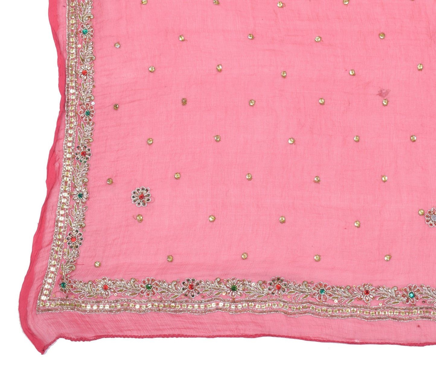 Sushila Vintage Pink Dupatta 100% Pure Chiffon Silk Hand Beaded Long Stole Wrap