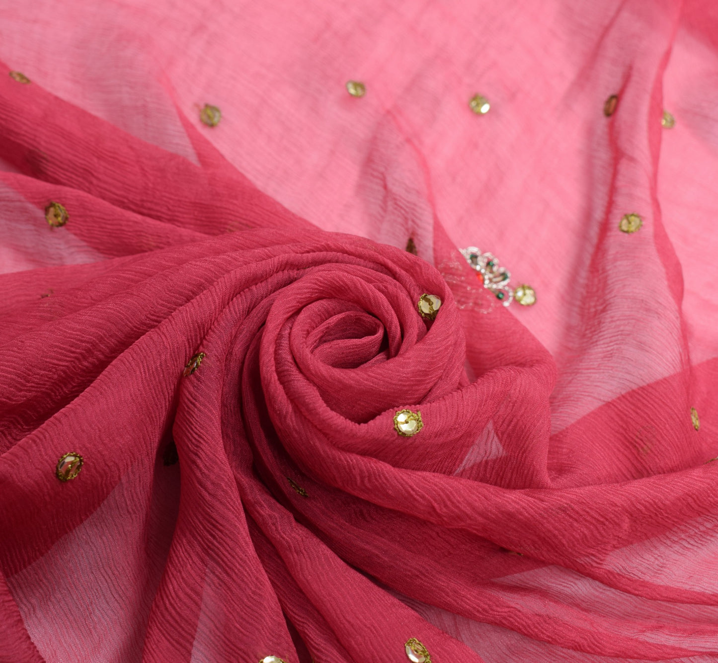 Sushila Vintage Pink Dupatta 100% Pure Chiffon Silk Hand Beaded Long Stole Wrap