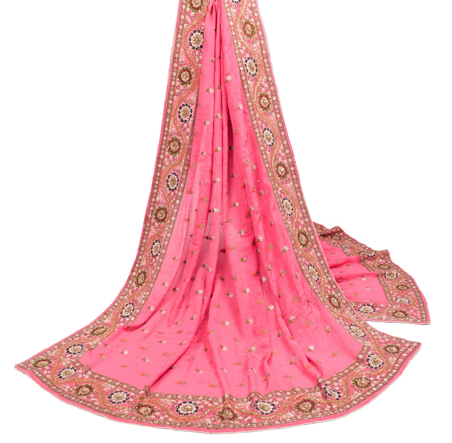 Sushila Vintage Pink Embroidered Dupatta Broad Border Pure Chiffon Long Stole
