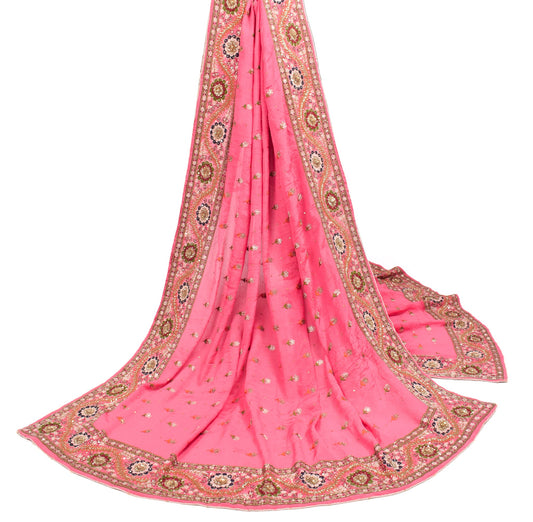 Sushila Vintage Pink Embroidered Dupatta Broad Border Pure Chiffon Long Stole