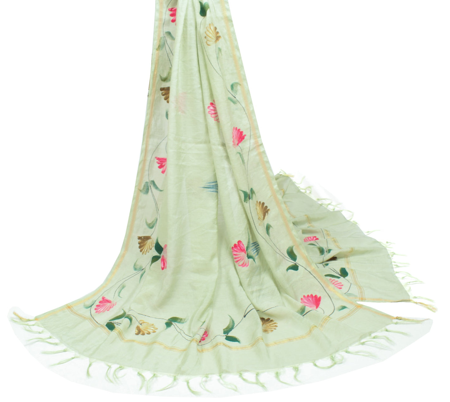 Sushila Vintage Pista Green Dupatta Hand Printed 100%Pure Cotton Silk Long Stole