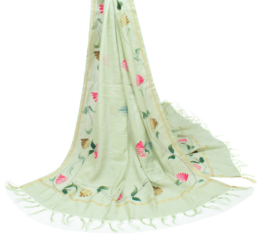 Sushila Vintage Pista Green Dupatta Hand Printed 100%Pure Cotton Silk Long Stole
