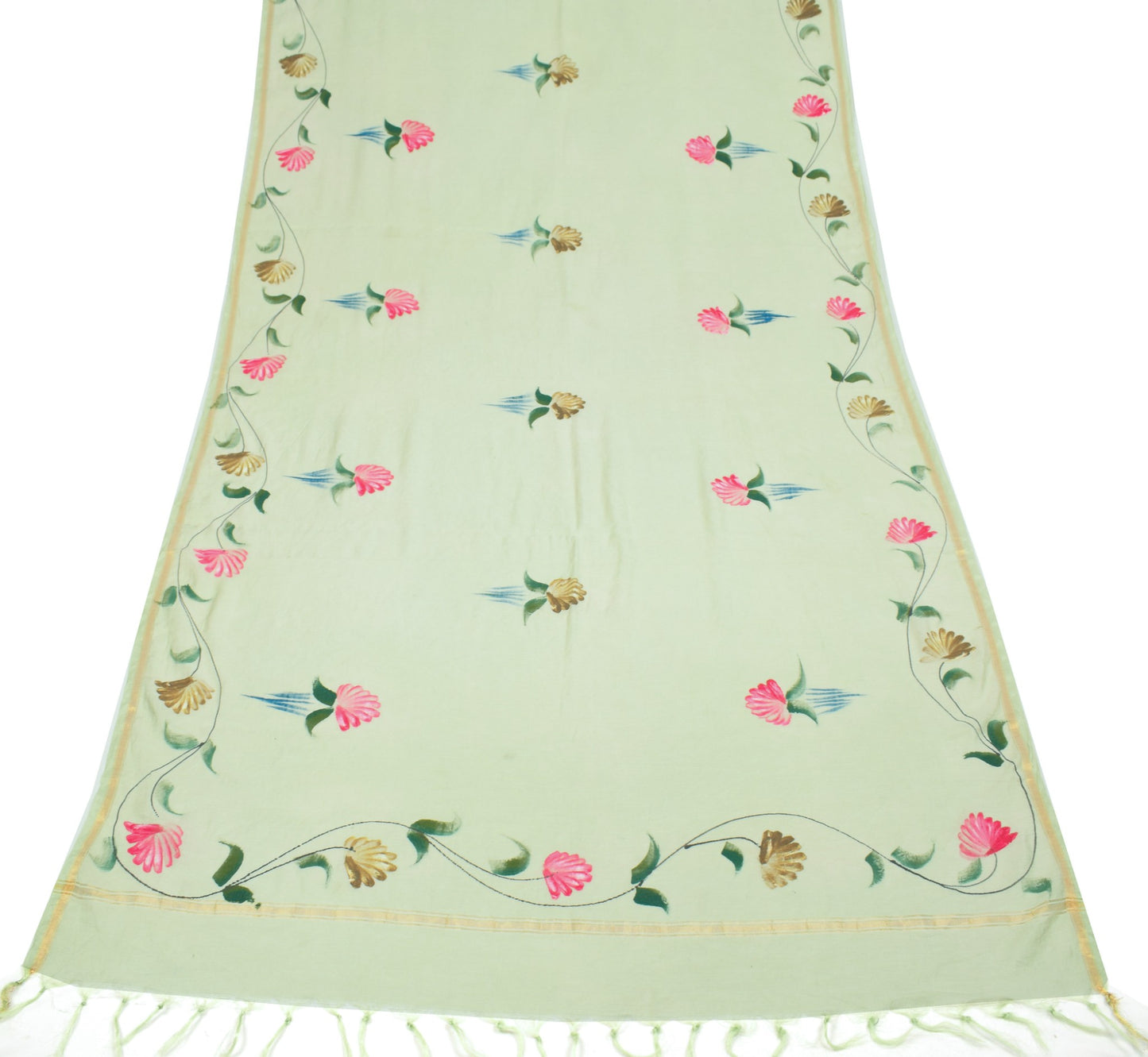 Sushila Vintage Pista Green Dupatta Hand Printed 100%Pure Cotton Silk Long Stole