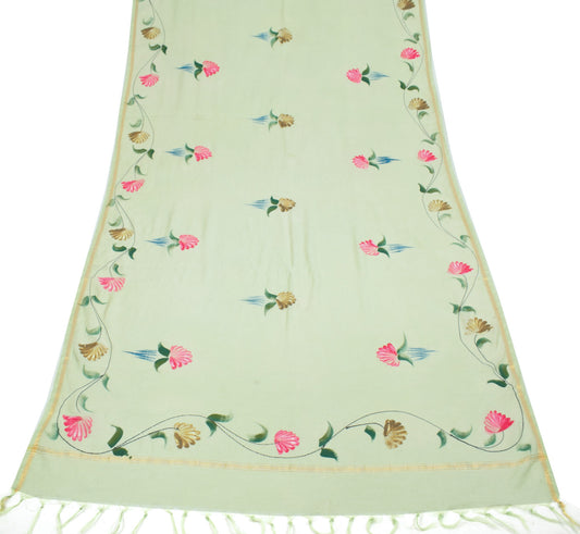 Sushila Vintage Pista Green Dupatta Hand Printed 100%Pure Cotton Silk Long Stole