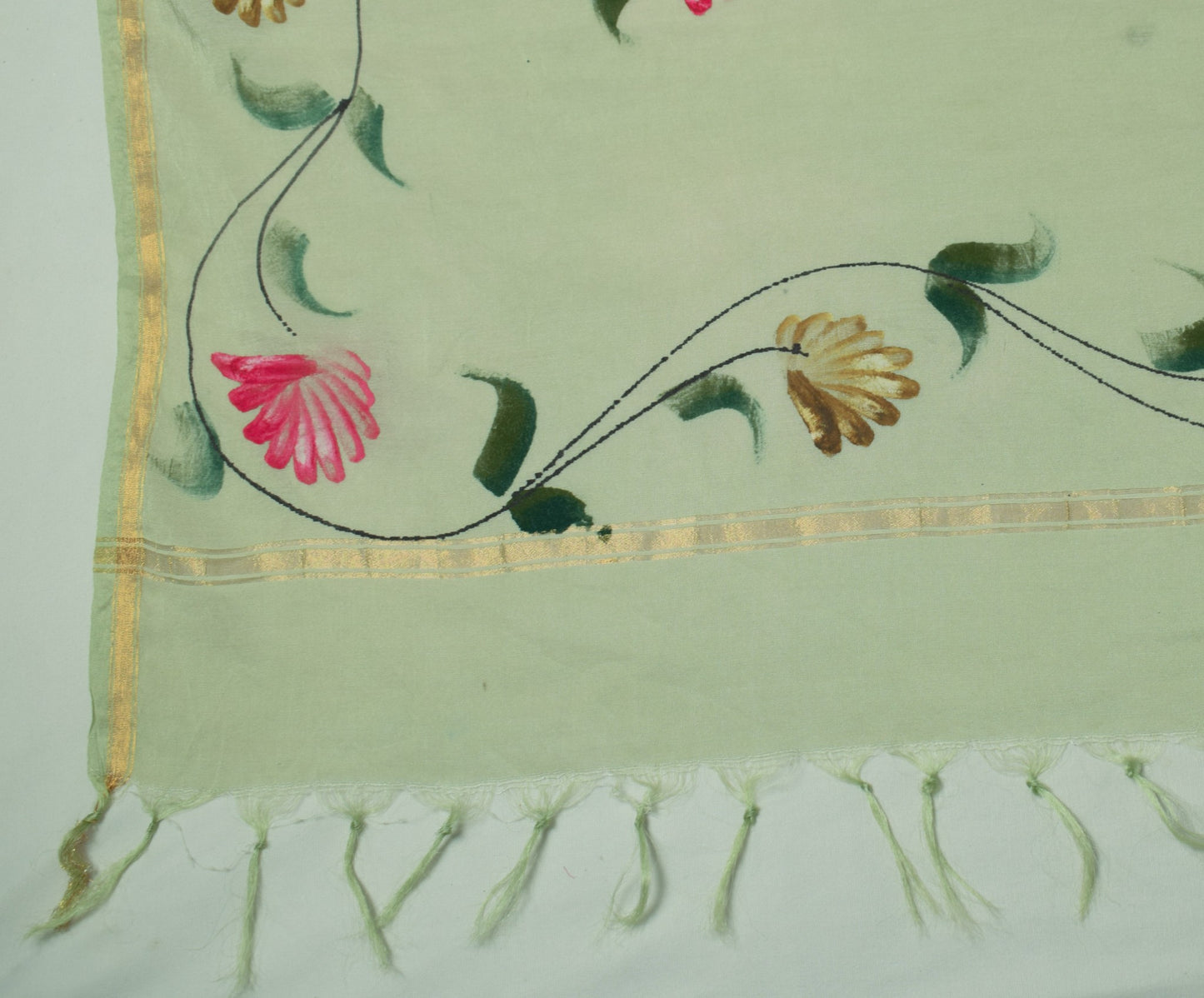 Sushila Vintage Pista Green Dupatta Hand Printed 100%Pure Cotton Silk Long Stole