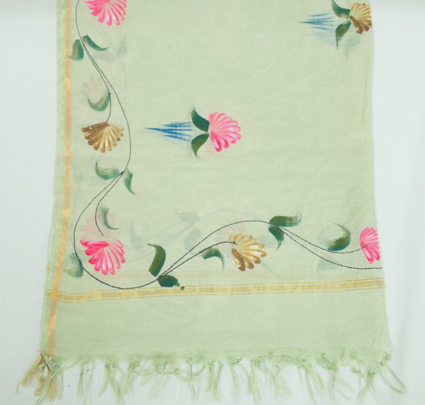 Sushila Vintage Pista Green Dupatta Hand Printed 100%Pure Cotton Silk Long Stole