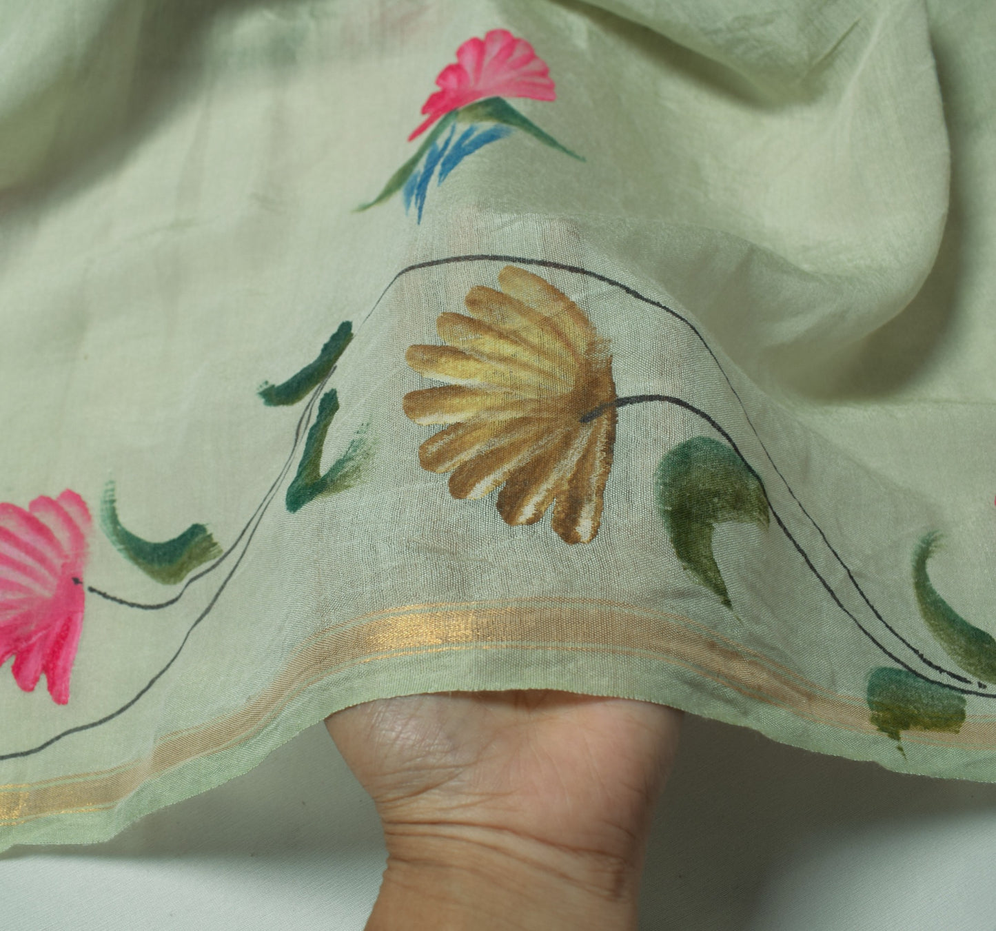 Sushila Vintage Pista Green Dupatta Hand Printed 100%Pure Cotton Silk Long Stole