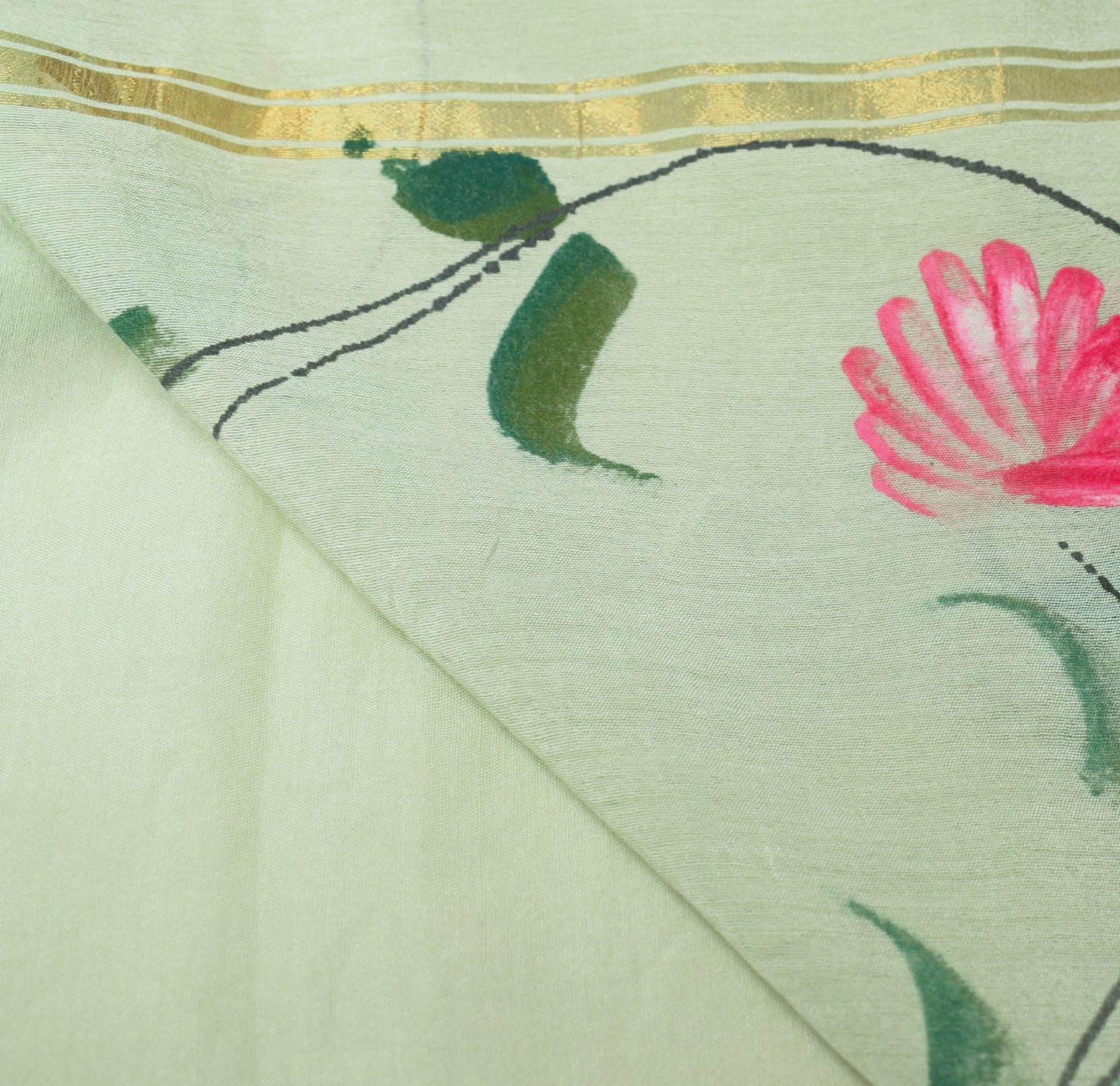 Sushila Vintage Pista Green Dupatta Hand Printed 100%Pure Cotton Silk Long Stole