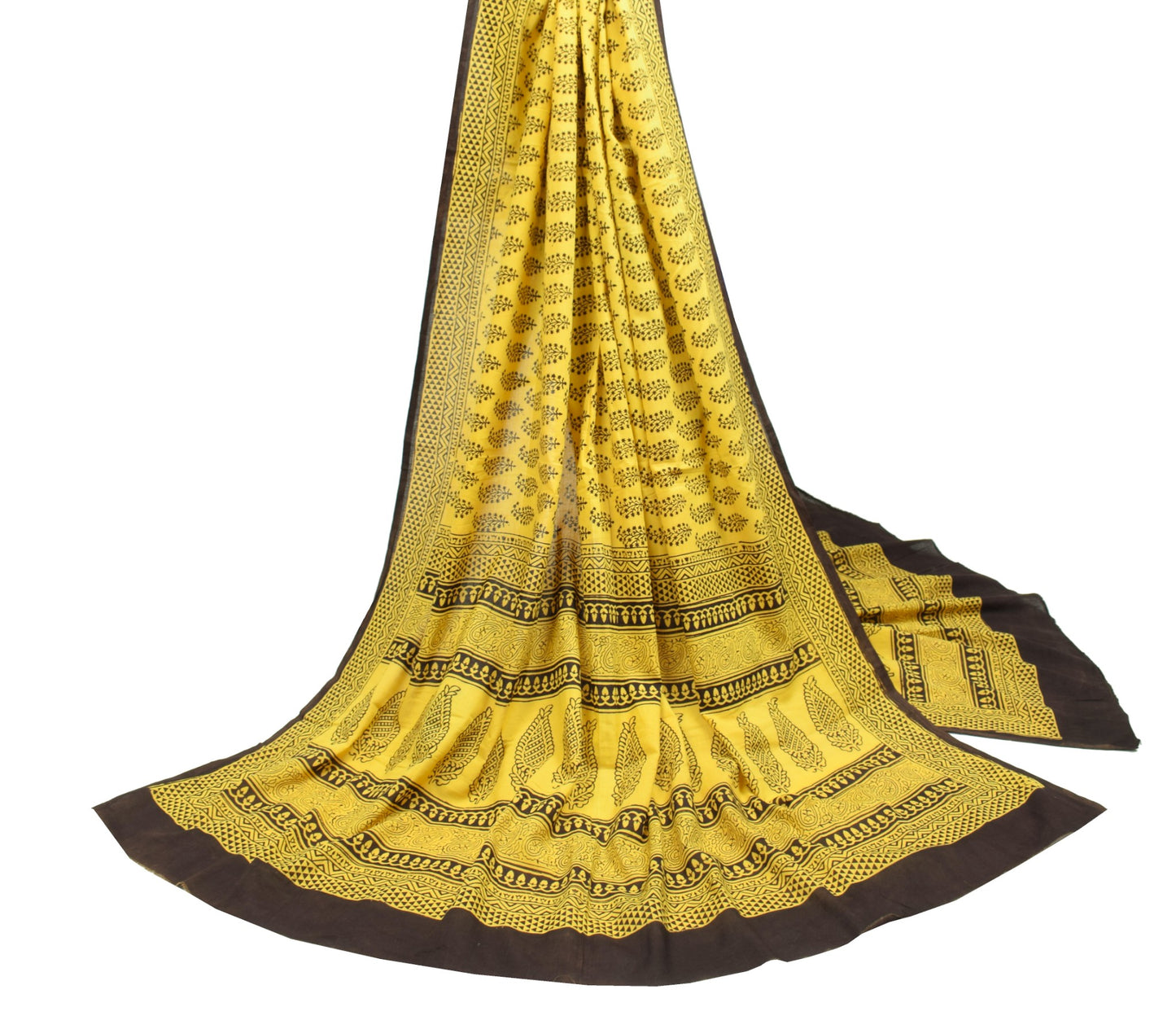 Sushila Vintage Hand Block Printed Dupatta Pure Cotton Yellow Soft Long Stole
