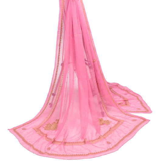 Sushila Vintage Pure Chiffon Silk Dupatta Pink Hand Embroidered Long Stole Wrap