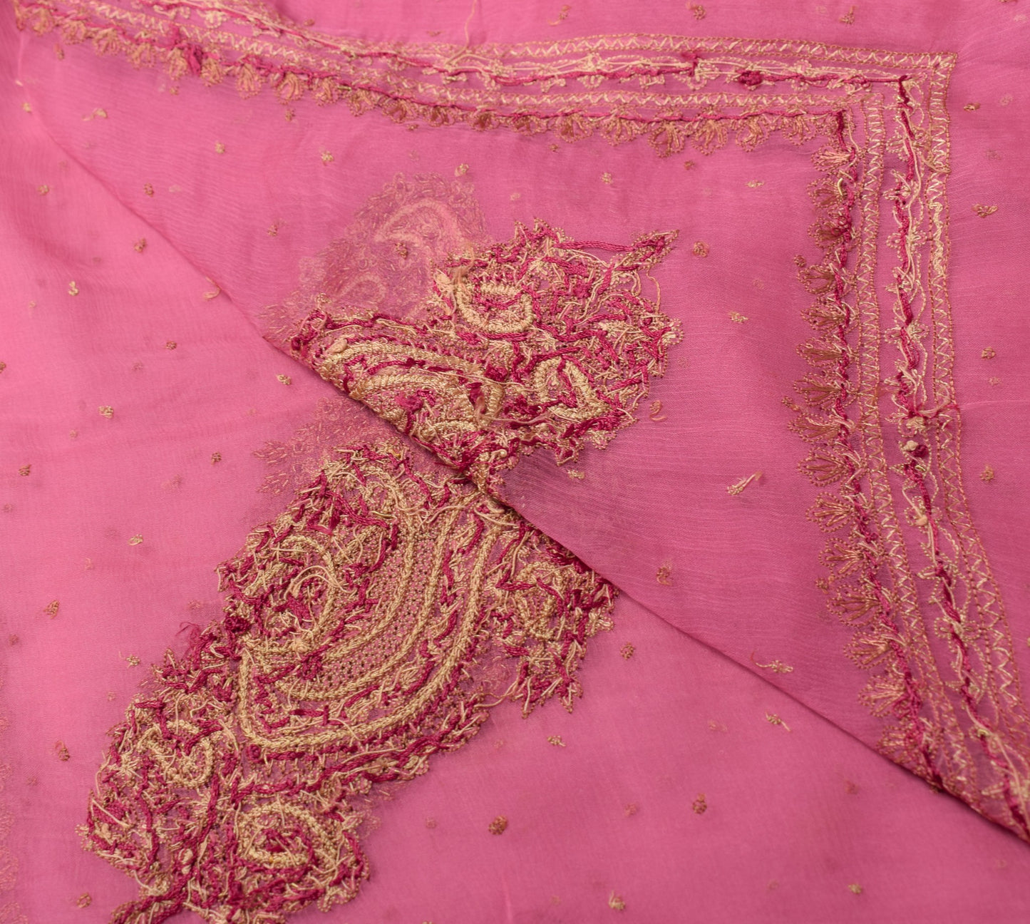 Sushila Vintage Pure Chiffon Silk Dupatta Pink Hand Embroidered Long Stole Wrap