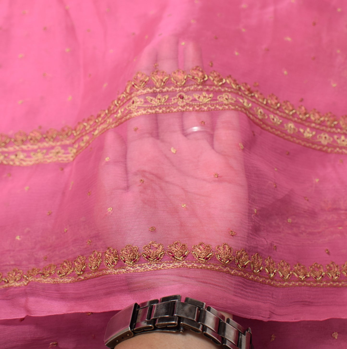 Sushila Vintage Pure Chiffon Silk Dupatta Pink Hand Embroidered Long Stole Wrap