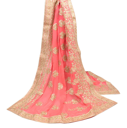 Sushila Vintage Peach HEAVY Dupatta Floral Embroidered Pure Chiffon Long Stole