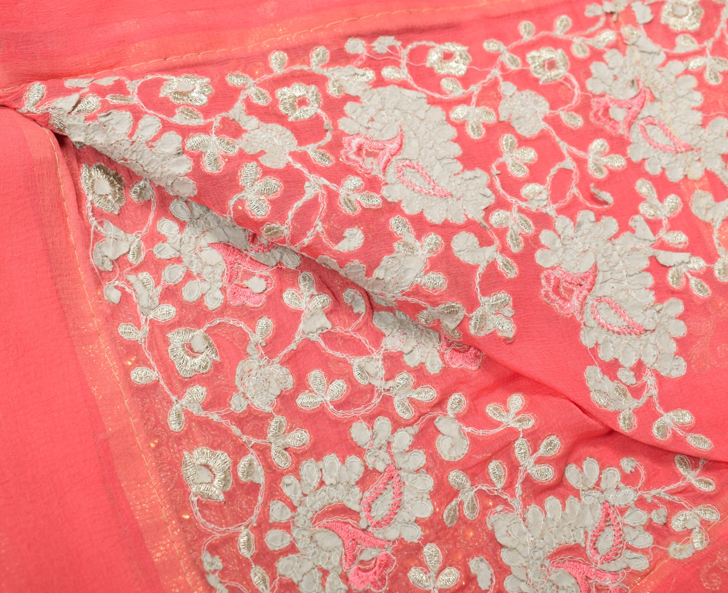 Sushila Vintage Peach HEAVY Dupatta Floral Embroidered Pure Chiffon Long Stole