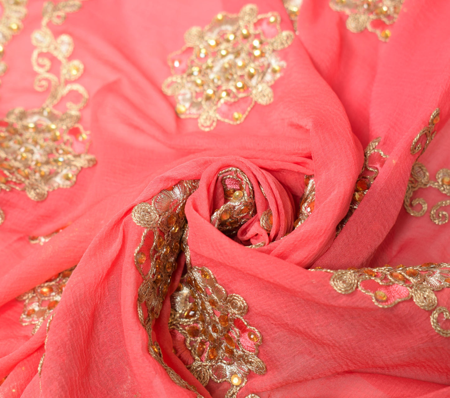 Sushila Vintage Peach HEAVY Dupatta Floral Embroidered Pure Chiffon Long Stole