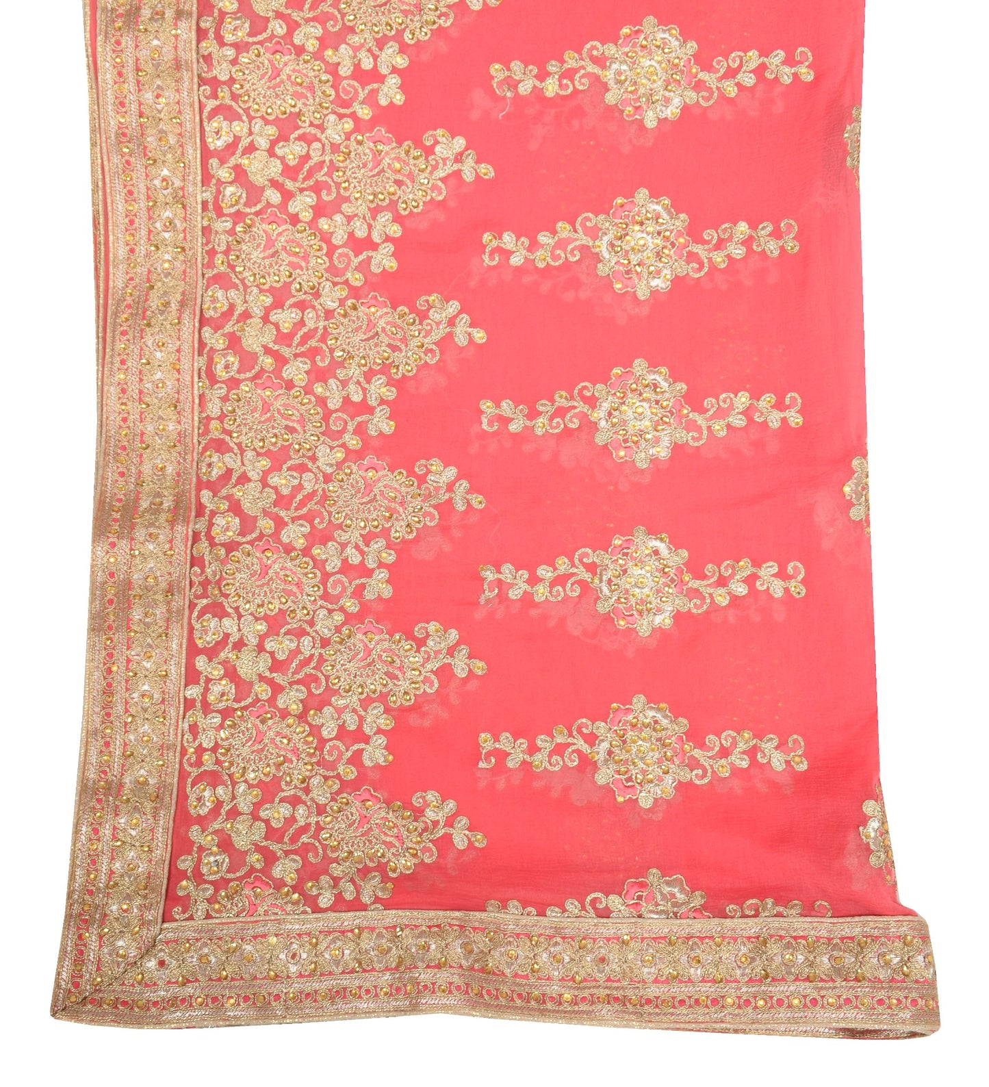 Sushila Vintage Peach HEAVY Dupatta Floral Embroidered Pure Chiffon Long Stole