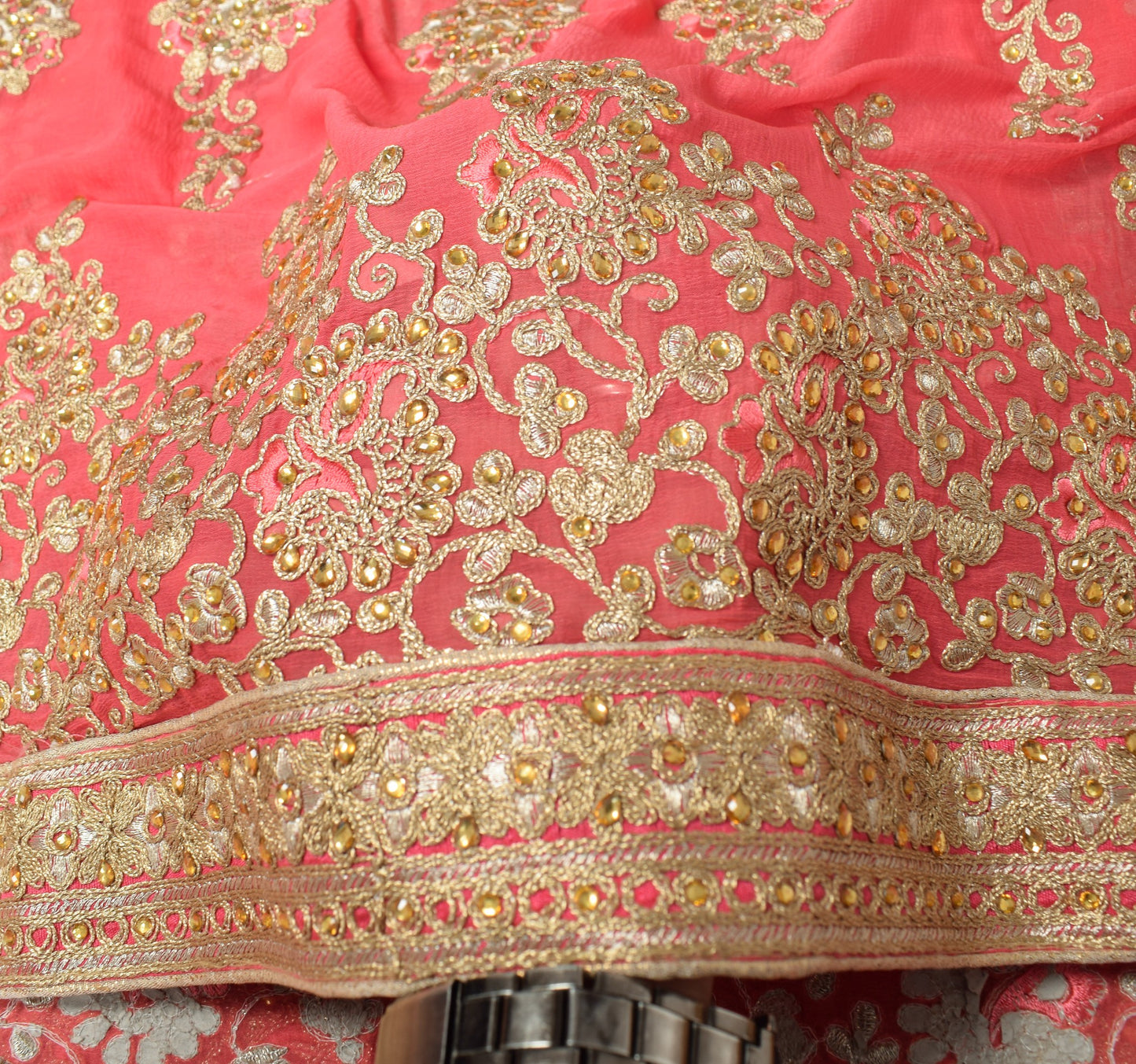 Sushila Vintage Peach HEAVY Dupatta Floral Embroidered Pure Chiffon Long Stole