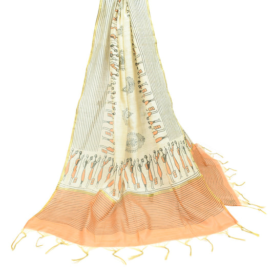 Sushila Vintage Art Silk Dupatta Cream Hand Block Printed Woven Long Stole Wrap