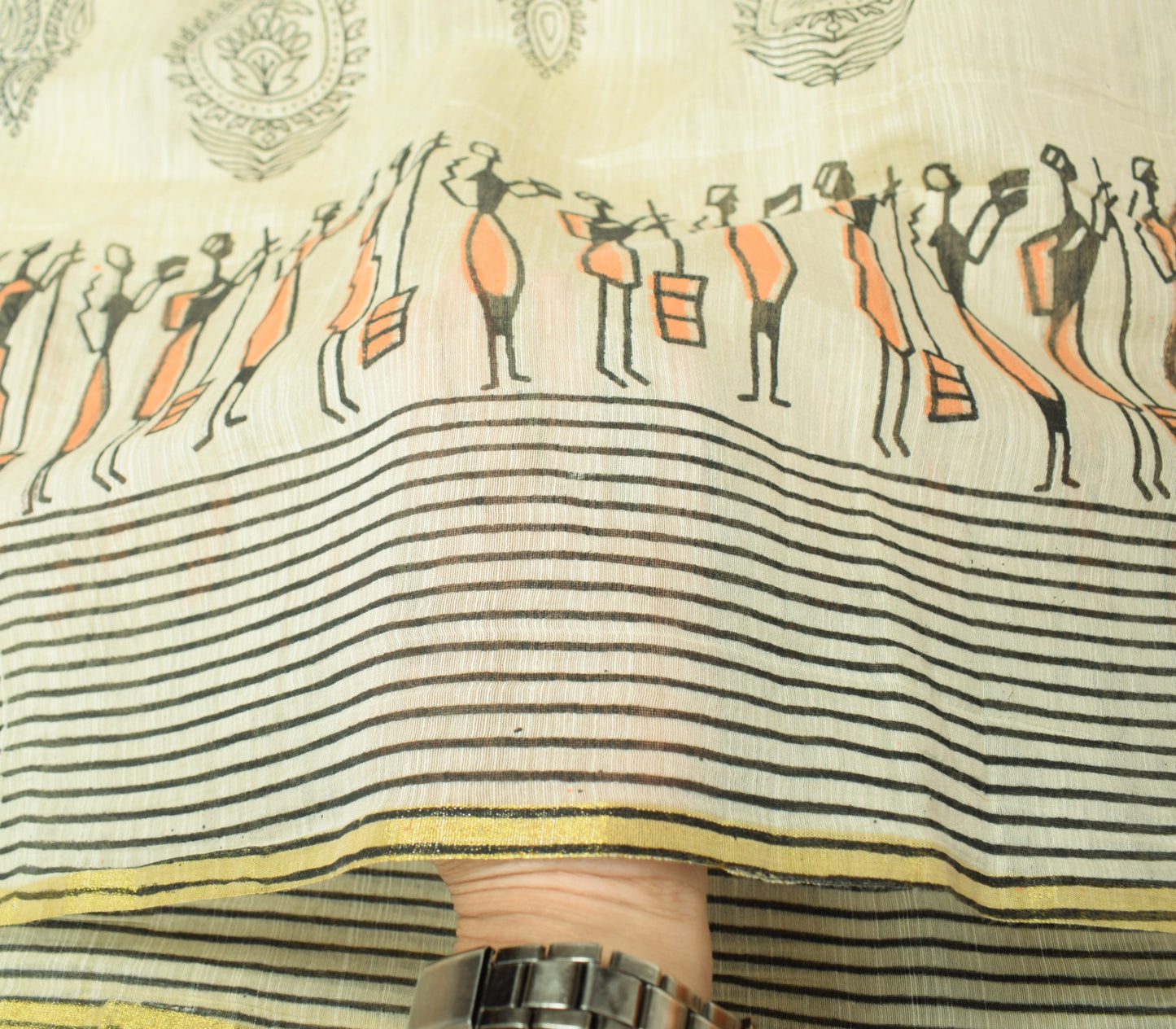 Sushila Vintage Art Silk Dupatta Cream Hand Block Printed Woven Long Stole Wrap