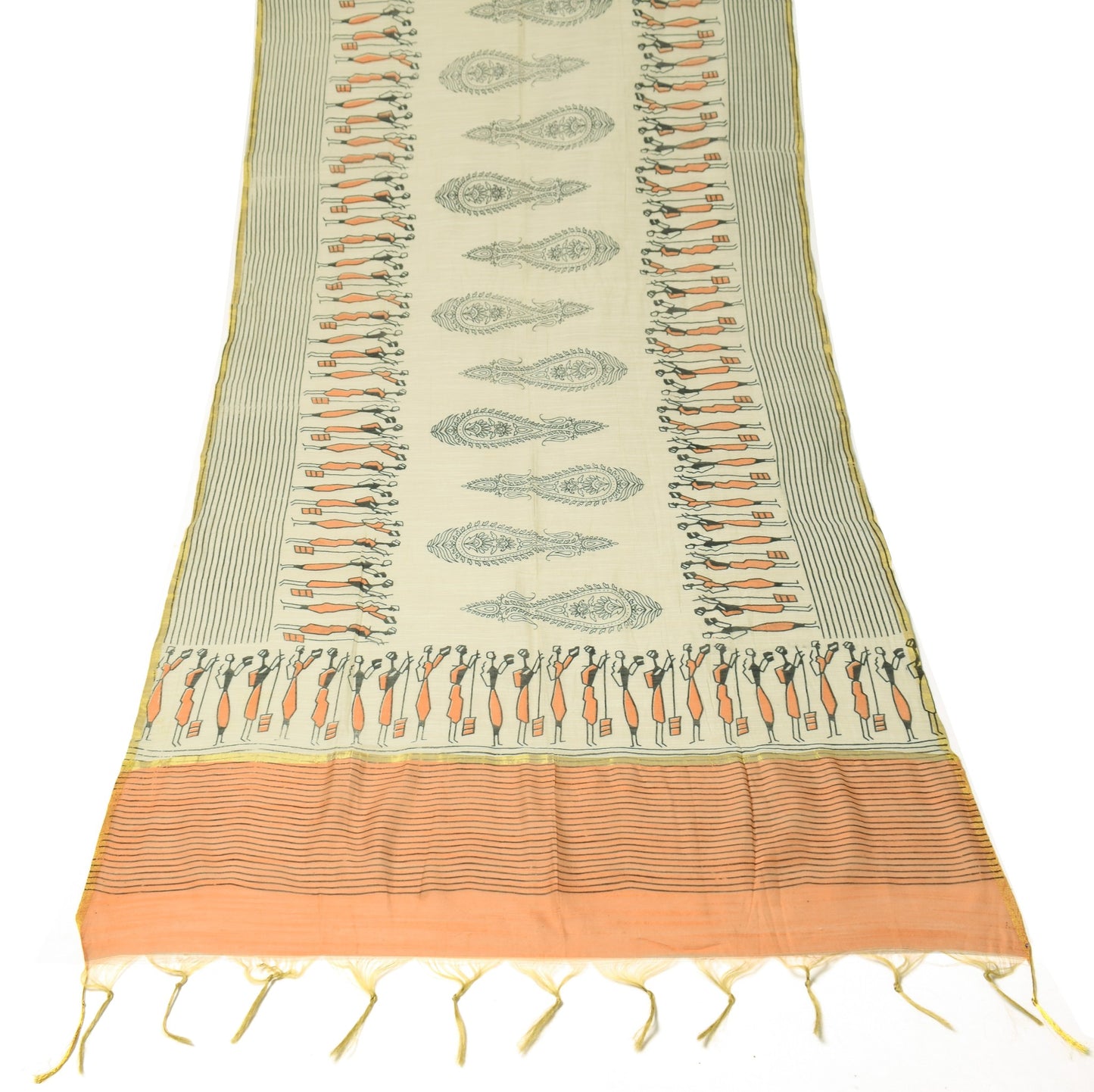 Sushila Vintage Art Silk Dupatta Cream Hand Block Printed Woven Long Stole Wrap