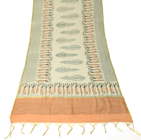 Sushila Vintage Art Silk Dupatta Cream Hand Block Printed Woven Long Stole Wrap
