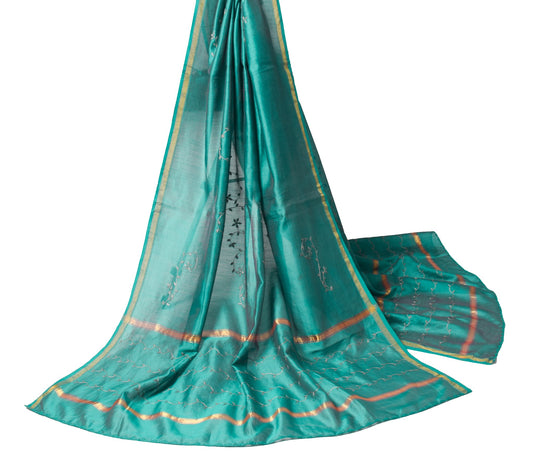 Sushila Vintage Hand Embroidered Dupatta Pure Cotton Teal Blue Floral Long Stole