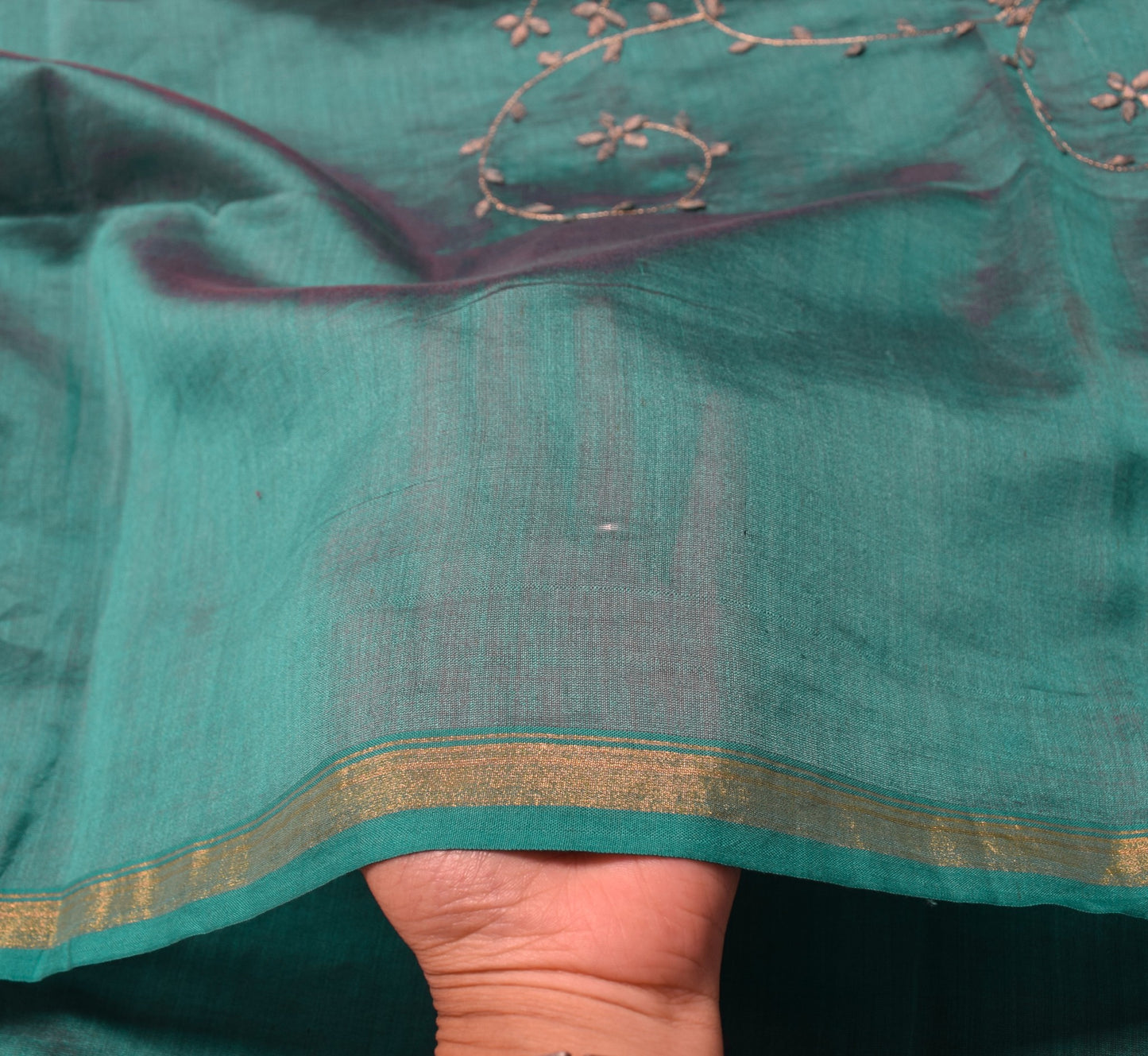 Sushila Vintage Hand Embroidered Dupatta Pure Cotton Teal Blue Floral Long Stole