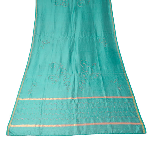 Sushila Vintage Hand Embroidered Dupatta Pure Cotton Teal Blue Floral Long Stole