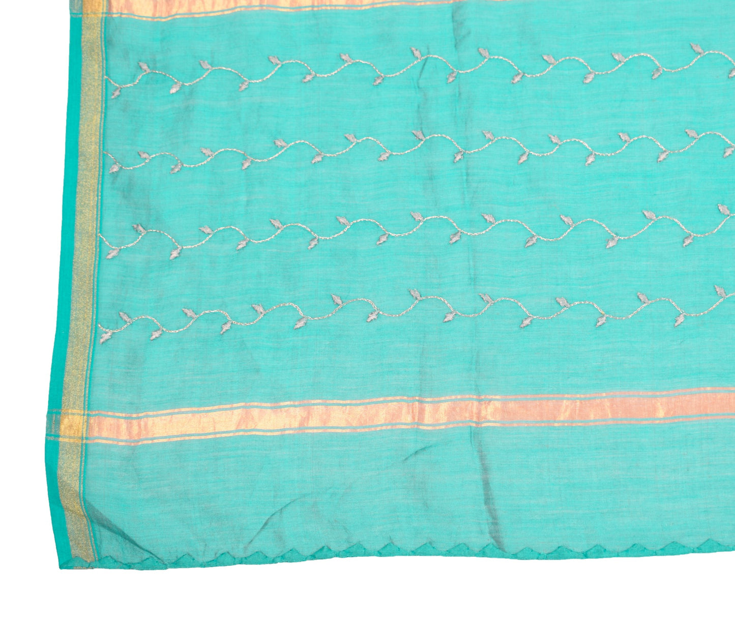 Sushila Vintage Hand Embroidered Dupatta Pure Cotton Teal Blue Floral Long Stole