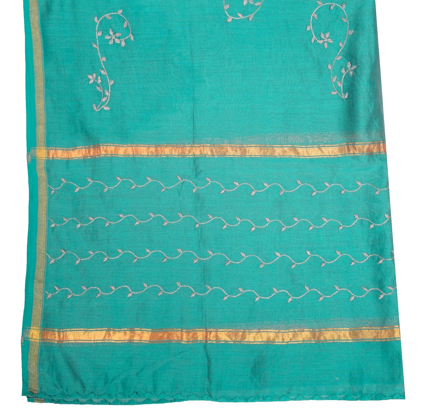 Sushila Vintage Hand Embroidered Dupatta Pure Cotton Teal Blue Floral Long Stole