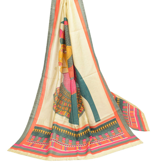 Sushila Vintage Antique Print Dupatta 100% Pure Silk Beige Human Long Stole Wrap