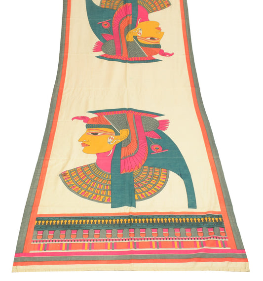 Sushila Vintage Antique Print Dupatta 100% Pure Silk Beige Human Long Stole Wrap