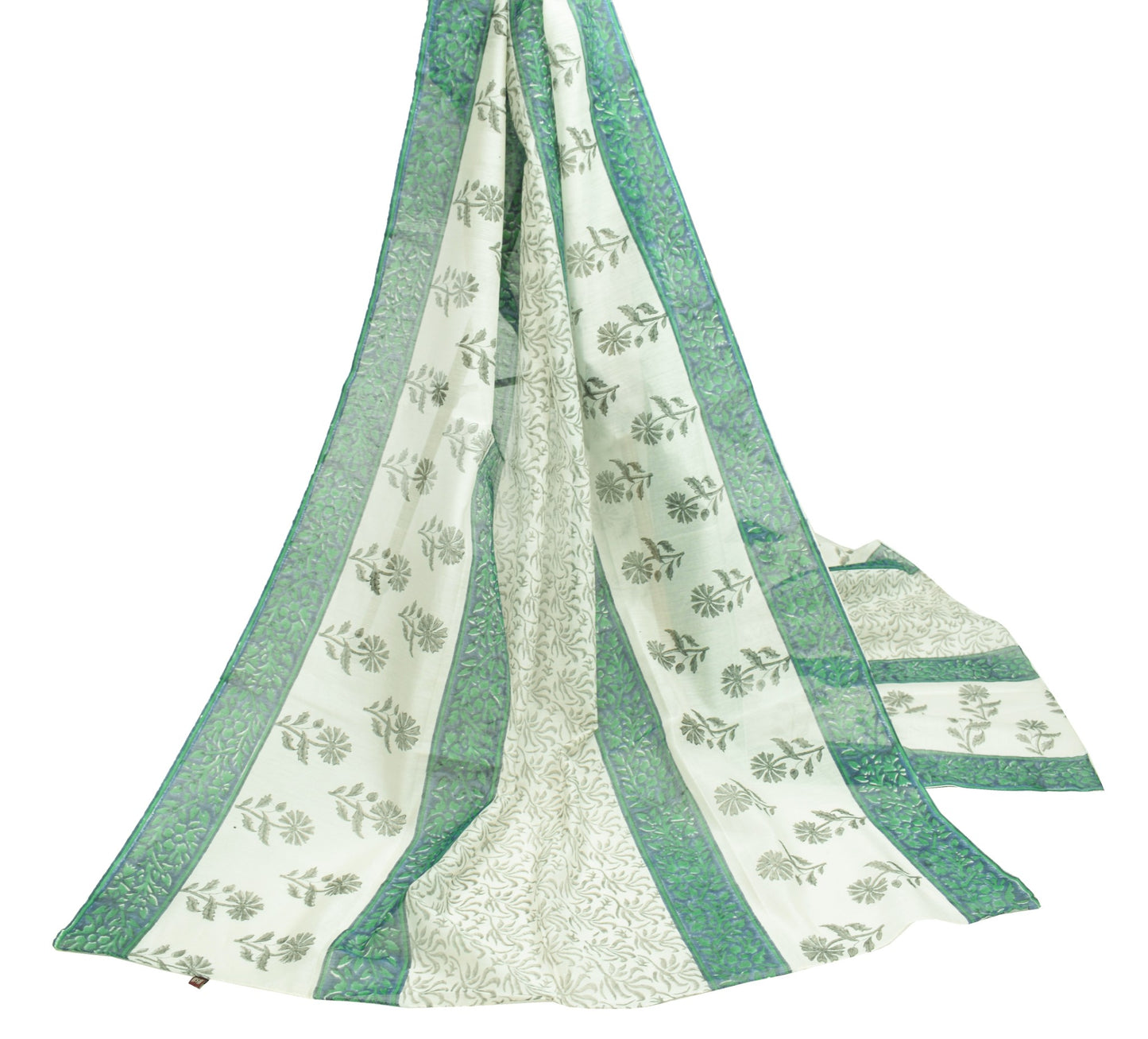 Sushila Vintage Hand Block Printed Dupatta White Floral Pure Cotton Long Stole