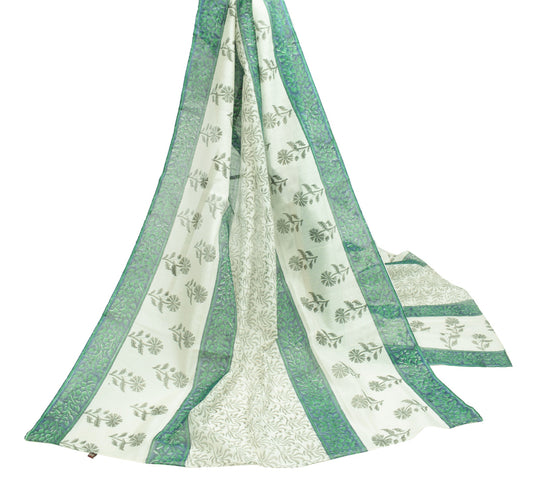 Sushila Vintage Hand Block Printed Dupatta White Floral Pure Cotton Long Stole