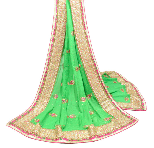 Sushila Vintage Green HEAVY Dupatta Golden Border and Motifs Pure Chiffon Stole