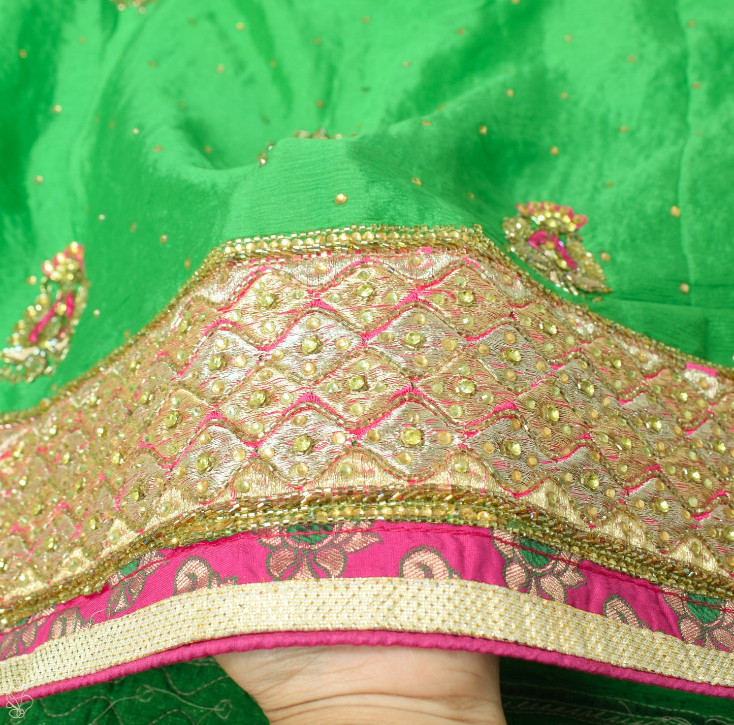 Sushila Vintage Green HEAVY Dupatta Golden Border and Motifs Pure Chiffon Stole