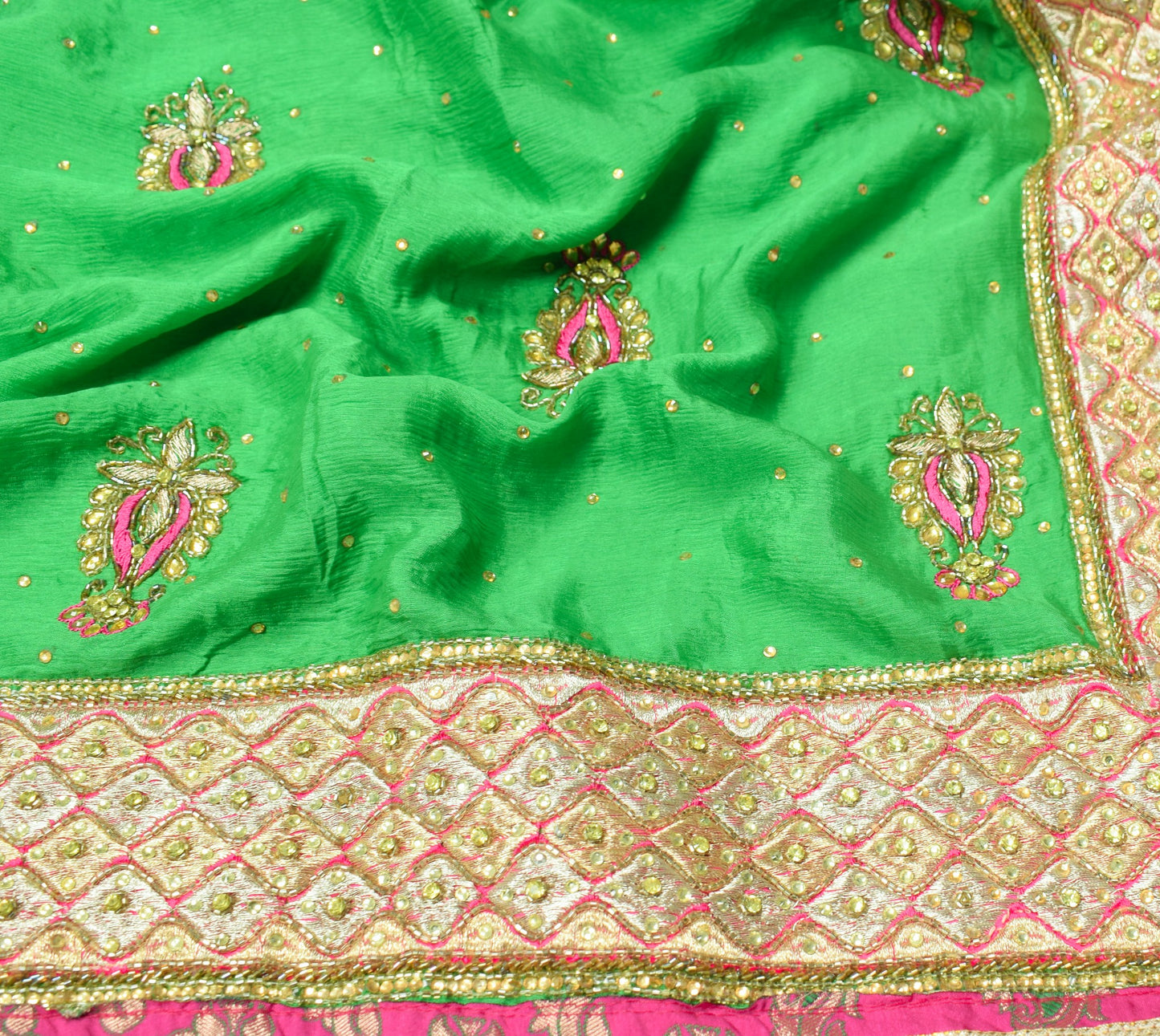 Sushila Vintage Green HEAVY Dupatta Golden Border and Motifs Pure Chiffon Stole