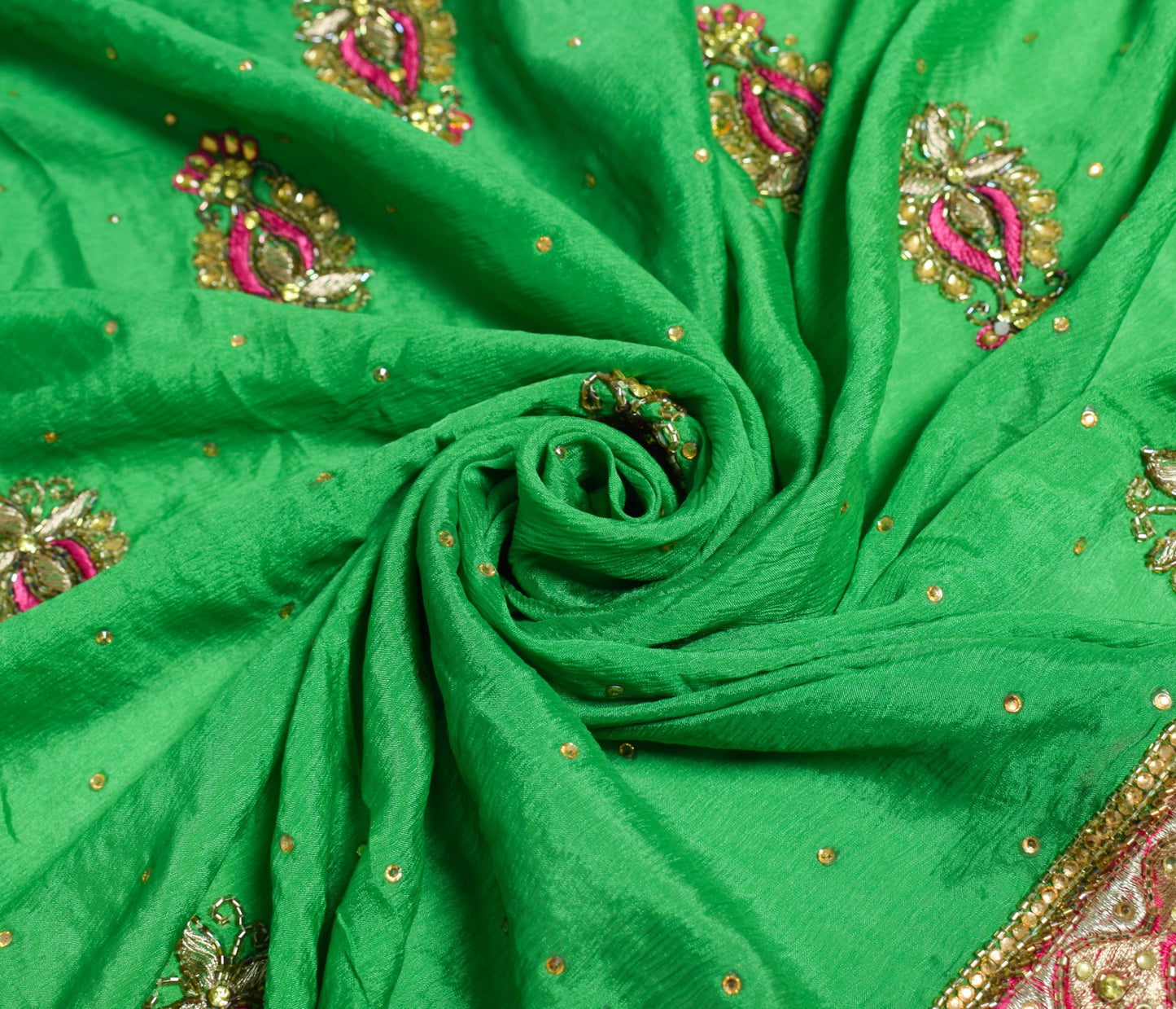 Sushila Vintage Green HEAVY Dupatta Golden Border and Motifs Pure Chiffon Stole