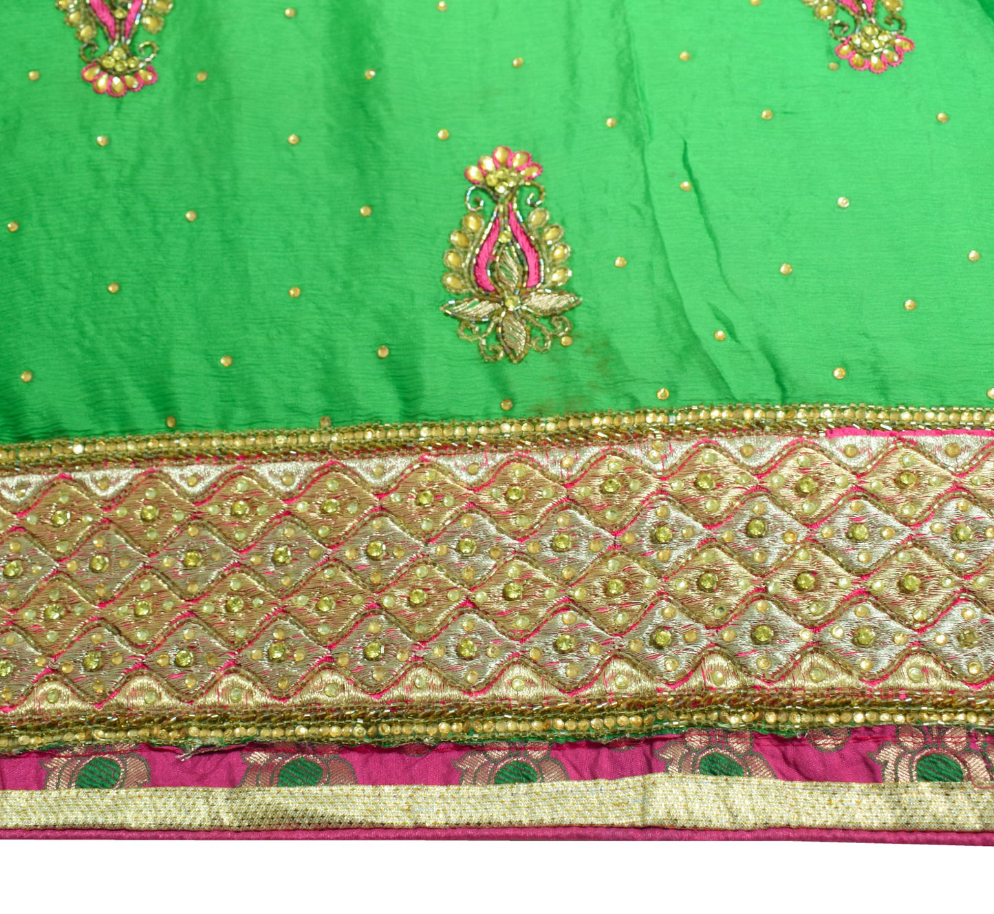 Sushila Vintage Green HEAVY Dupatta Golden Border and Motifs Pure Chiffon Stole