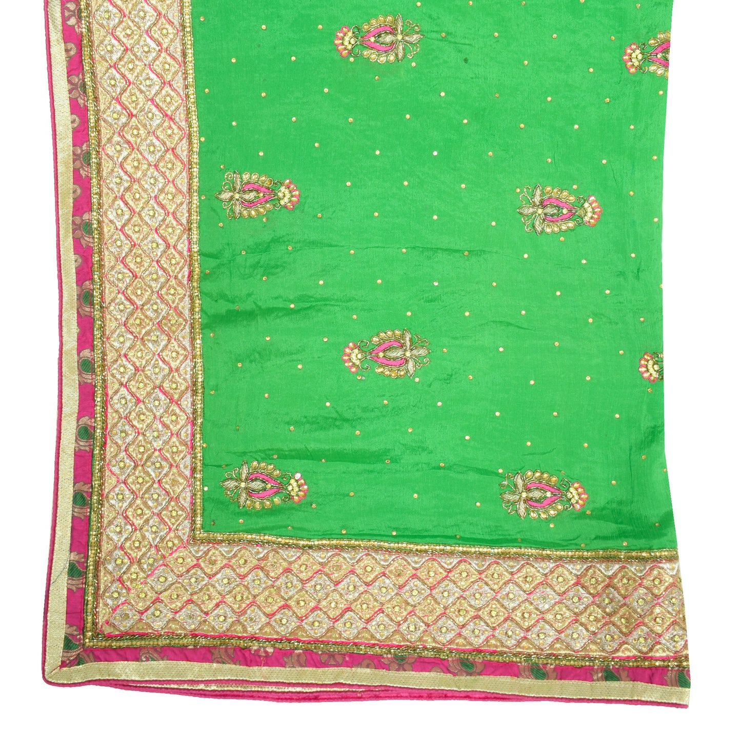 Sushila Vintage Green HEAVY Dupatta Golden Border and Motifs Pure Chiffon Stole