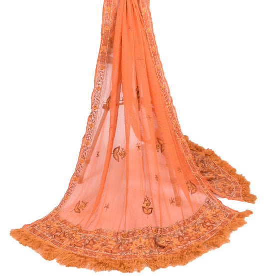 Sushila Vintage Rust Dupatta Pure Chiffon Silk Hand Embroidered Floral LongStole