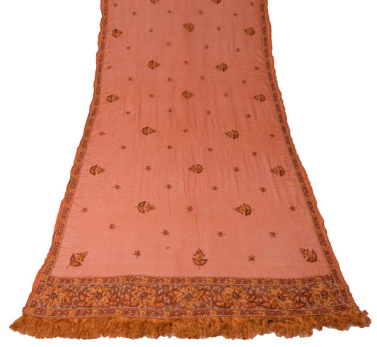 Sushila Vintage Rust Dupatta Pure Chiffon Silk Hand Embroidered Floral LongStole