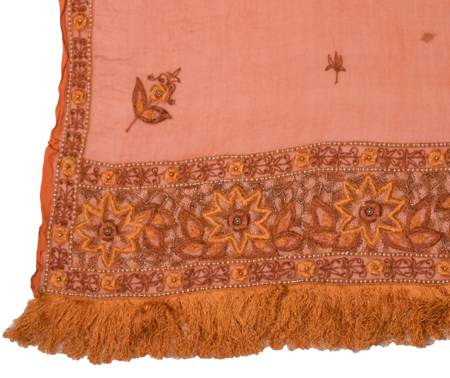 Sushila Vintage Rust Dupatta Pure Chiffon Silk Hand Embroidered Floral LongStole