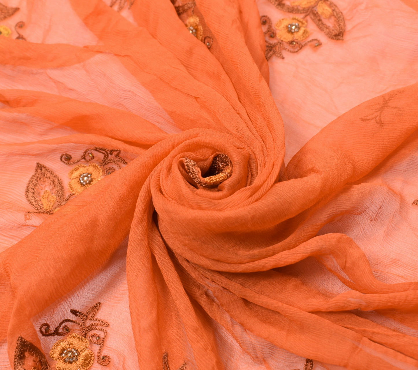 Sushila Vintage Rust Dupatta Pure Chiffon Silk Hand Embroidered Floral LongStole