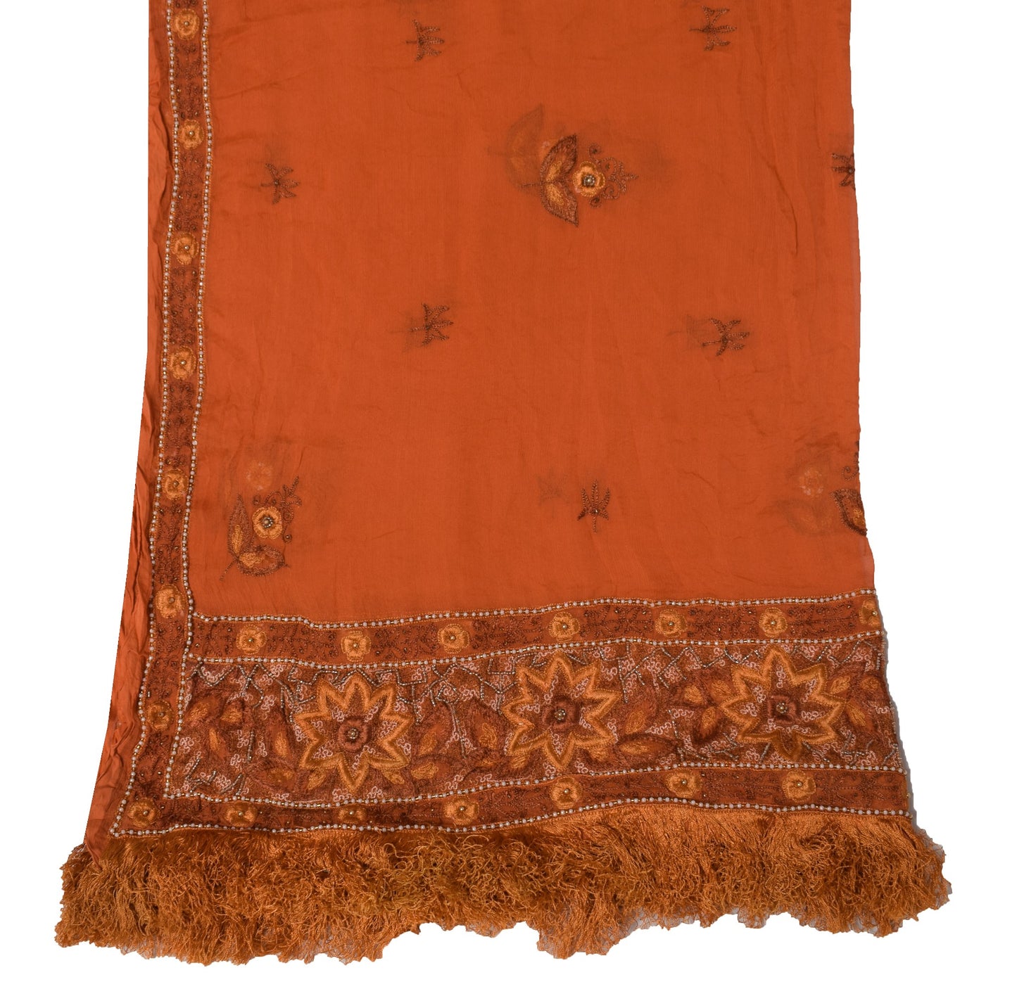 Sushila Vintage Rust Dupatta Pure Chiffon Silk Hand Embroidered Floral LongStole